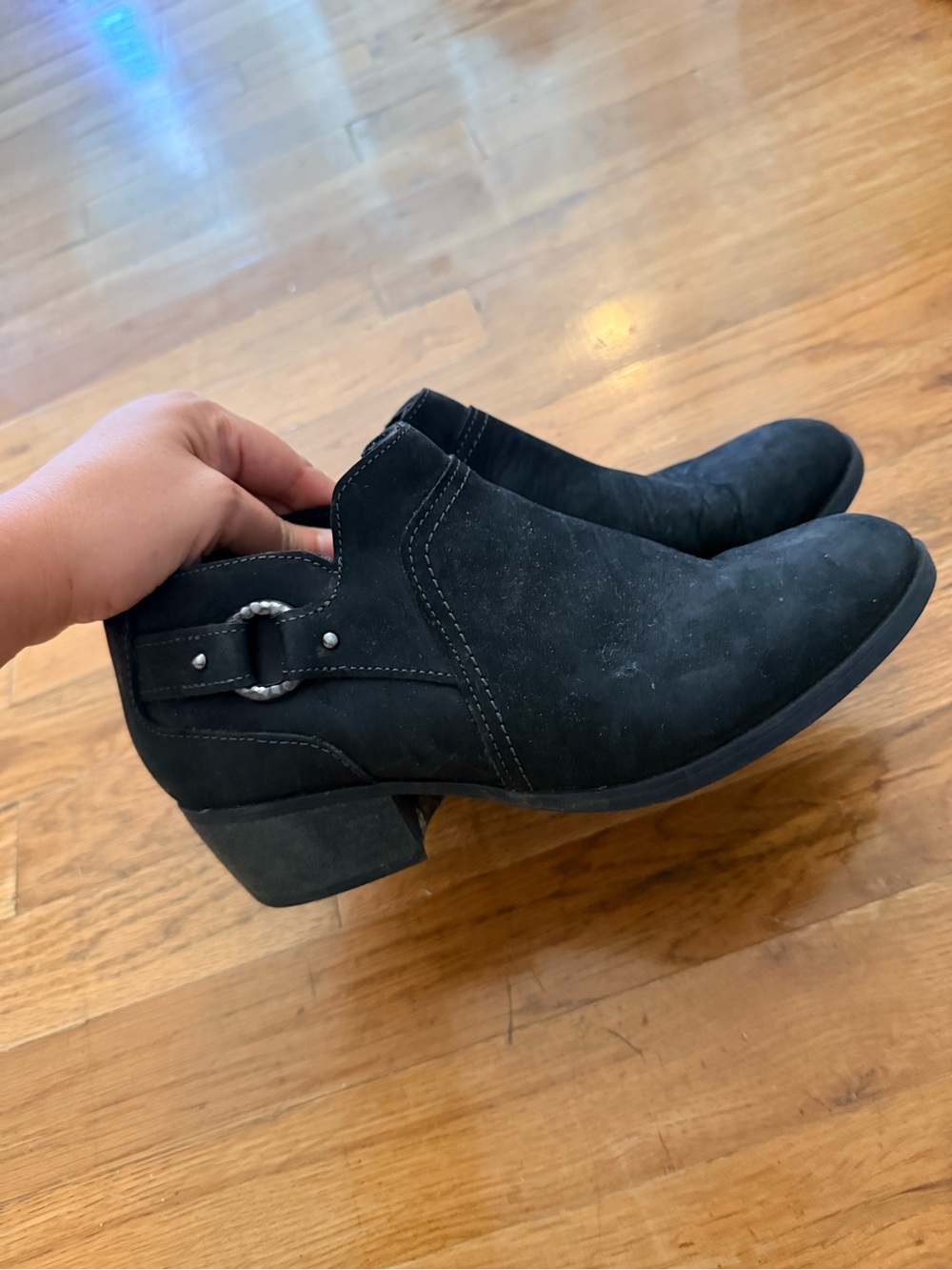 Clarks Black Suede Ankle Booties with Low Heel and Buckle Detail